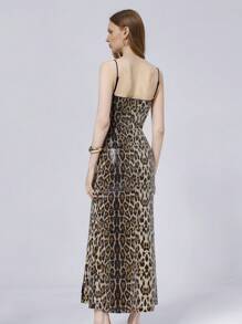 Chiquease Women's New Sexy Club Leopard Print Embroidered Fitted Flared Dress, Sleeveless Spaghetti Strap Long Party Evening Dress - Coffee Brown - View 2