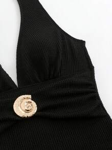 Swim Oasis 2pcs/Set Women 2025 New Black Special Material Swimsuit With Mesh Printed Beach Cover Up Skirt, Summer Casual Swimwear Sets