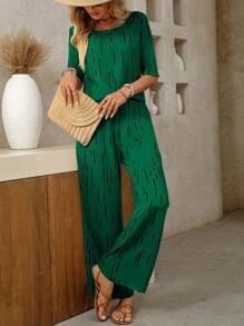 SHEIN Clasi 2pcs/Set Women V-Neck Loose All-Over Print Top - Green - View 5