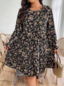 SHEIN LUNE 大码女式圆领长袖腰部隐藏式碎花及膝休闲连衣裙