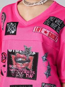 ROMWE Avant Y2K 女士宽松蝙蝠袖印花 T 恤 - 玫紅色 - 查看 5