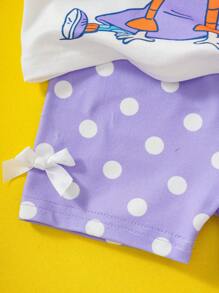 Nick 90s | SHEIN 女婴 2 件套卡通可爱甜美休闲风格白色卡通图案 T 恤和紫色圆点短裤套装，适合春夏季 - 紫色 - 查看 4