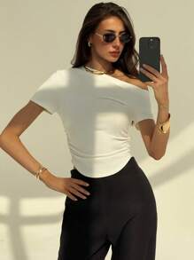 Aloruh Women's Solid Color Oblique Shoulder Short Sleeve T-Shirt, Simple & Fashionable, Suitable For Summer