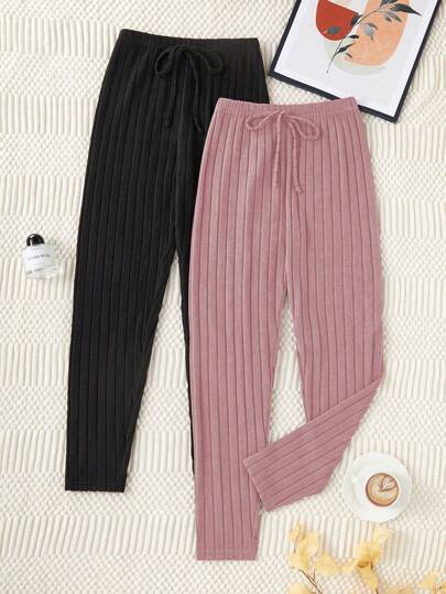 Set de 2 pantalones de mujer de unicolor, cómodos, con textura acanalada y acogedores para otoño e invierno