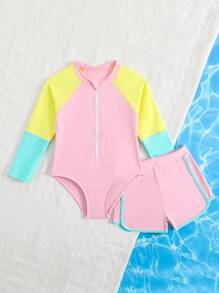2pcs/Set Young Girl Colorblock Long Sleeve One-Piece Swimsuit With Beach Shorts,Suitable For Summer Beach, Sports, Swimming Pool, Surfing - Multicolor - View 5