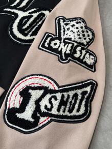 PAVTROS Manfinity Streetrush Men's Letter & Cross Print Long Sleeve Single Breasted Thermal Lined Baseball Jacket, For Fall Winter - Khaki - View 4