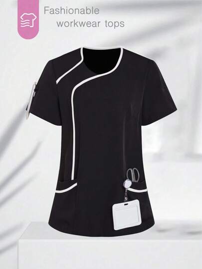 TaskEZ Women Contrasting Color Trim Short Sleeve Top, Scrub Tops,Sets For Women Casual Scrub Sets Scrub Sets For Women Women Scrub Sets Work Clothes Women