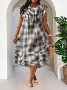 Slaydiva 2025 New Rave/Easter Outfit, Old Money Style, Country Concert Outfit, Going Out Outfit, Fairycore, Festival Outfit, Tropical Vacation Outfit, Summer Outfit, Rave, European Summer, Spring Outfit, Western Wear Plus Size, Concert, Graduation Outfit, Versatile Daily Casual Minimalist Sexy/Minimalist Plus Size, Casual Ruffle Sleeve Round Neck Midi Dress Summer Plaid Plus Size, Plus Size Western Wear Dress - Black and White - View 6