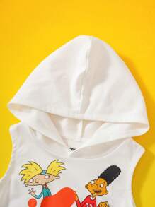Nick 90s | SHEIN Young Boy Cartoon Graphic White Casual Sleeveless Hooded Tank And Black Shorts Sports Set
