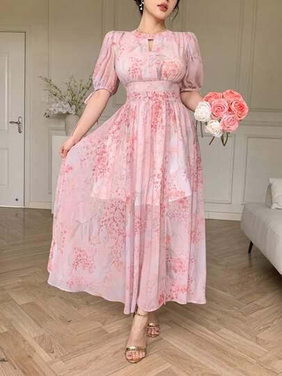 Women's Floral Print Keyhole Neck Puff Sleeve Elegant Long Dress Maxi Dress