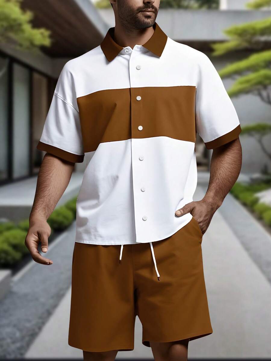 Manfinity Homme K006 - Casual Shirt & Shorts Set For Men, Minimalist Fashion, Suitable For Summer Men Summer Clothes Men Shirt Co Ords Outfits For Men Men Shirt Co Ords Men Clothes Men Shirt Co Ords Men Outfits Men Shirt Co Ords Summer Outfits For Men Men Shirt Co Ords - Multicolor - View 1