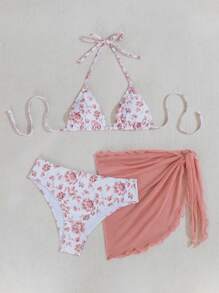 Swim Mod Conjunto de bikini sexy de mujer con estampado floral y lazo en el cuello estilo halter para vacaciones en la playa con falda cubierta, estampado aleatorio, 3 piezas