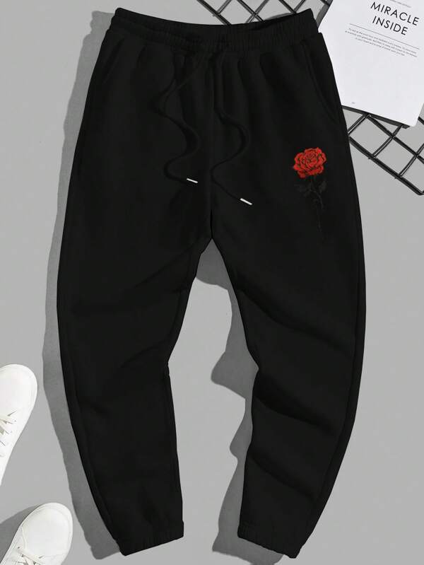 RueChic Pantaloni de jogger casual pentru bărbați, bumbac, cu imprimeu floral, cu snur, cu talie