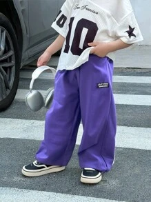 1pc Young Boys Casual Korean Style Pocket Drawstring Soft & Comfortable Straight Leg Pants, Versatile For Daily Wear, School, Commute, Sports, Suitable For Spring & Autumn - Purple - View 3