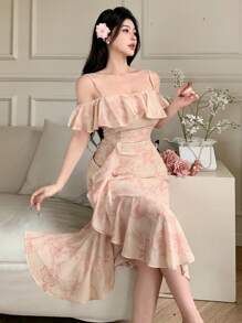 DAZY Plus Size Women's Asymmetric Ruffle Trim Slip Dress Floral,Milkmaid Dress - Pink - View 9