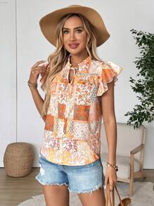 EMERY ROSE Damen Urlaubs-Lässig Patchwork Muster Blusenkurzarm