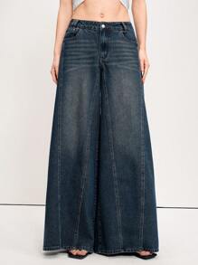 Aveloria Modichic 女士休闲水洗低腰阔腿牛仔裤 - 藍色 - 查看 4