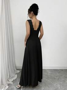 Rafferiza 法式优雅蕾丝边 V 领裹褶腰无袖 A 字开叉卡其色连衣裙，适合日常穿着、宴会、婚礼、春夏 - 黑色 - 查看 2