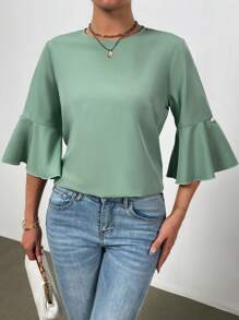 Chiquease Women's Solid Color Round Neck Handmade Beaded Flare Sleeve Shirt