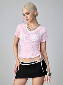 ROMWE Avant Women's Numeric Print V-Neck Ruched Cropped Fashion T-Shirt - Pink - View 6