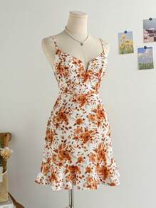 Soleia 女士 V 领绑带花卉扎染印花迷你连衣裙，度假/夏季/春季