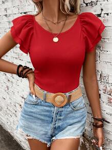 SHEIN Clasi 女士纯色圆领修身短袖 T 恤 - 紅色 - 查看 6