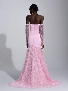 Elitara 优雅奢华 3D 花卉蕾丝拼接缎面网眼可拆卸长袖美人鱼连衣裙，适合婚礼、派对、单身女士派对、度假、舞会、晚礼服（重刺绣）、正式、婚礼宾客 - 粉色 - 查看 3