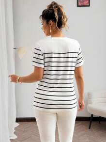 Franclia Camiseta de mujer de talla grande, de cuello redondo, de manga corta, con rayas y diseño estampado