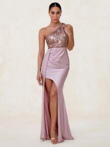 Glamine 不对称领口亮片拼接高腰侧褶开衩优雅连衣裙，女士长裙，派对礼服，生日女士服装，紫色女士礼服，晚宴服装，伴娘礼服，性感礼服，半正式礼服，正式长袍女士服装，优雅女士礼服 - 藕粉色 - 查看 3