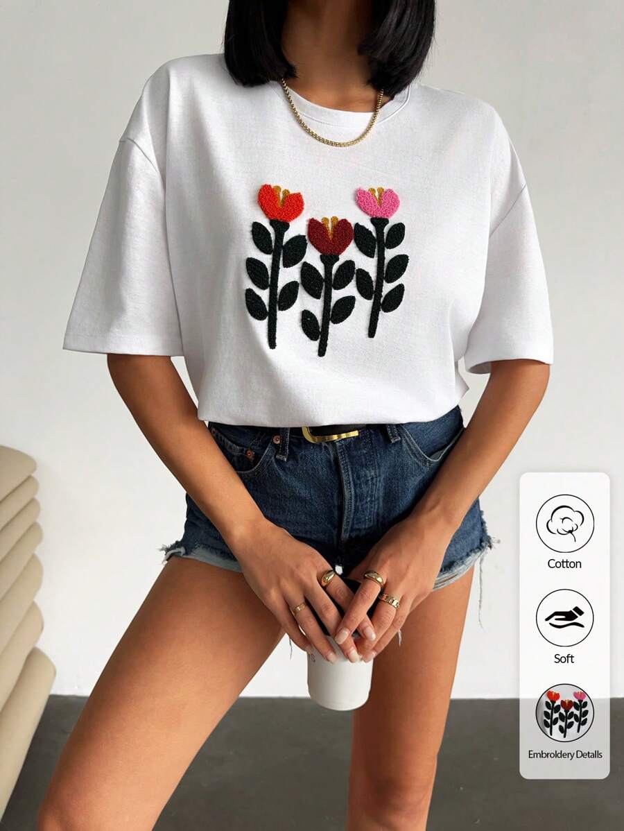 EURMUSE Áo thun nữ thêu hoa rộng rãi cỡ lớn - trắng - Xem 1