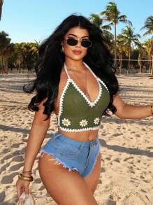SHEIN SXY Nouveau style Top de camisole en crochet fleuri doux et frais pour femmes, convient pour les vacances à la plage, le printemps/été