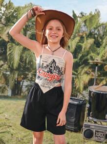 2025 Spring/Summer New Collection Casual & Comfortable Asymmetrical Hem Western Printed Camisole Top Paired With Black A-Line Pants, Tween Girl 2 Pieces Set, Suitable For Daily Wear, Outings, And Family Gatherings