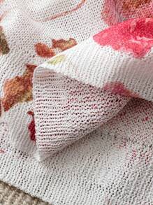 EMERY ROSE New Fresh Retro Artistic Dye Print Round Neck Lightweight Viscose Women Pullover Sweater, Spring/Summer - White - View 3