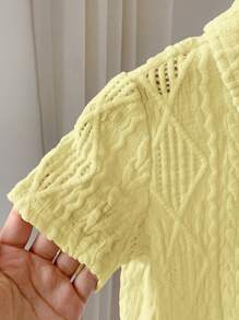 SHEIN LMoss Kids Unisex Baby Casual Solid Color Hollow-Out Soft Knitted Round Neck Short Sleeve Cardigans - Yellow - View 5