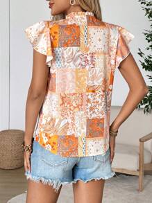 EMERY ROSE Damen Urlaubs-Lässig Patchwork Muster Blusenkurzarm
