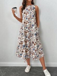 SHEIN LUNE 女士夏季春季新款休闲假日复古花卉 A 字型无袖办公室连衣裙、教师工作中长连衣裙、茶会连衣裙、早午餐 - 白色 - 查看 6