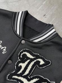 PAVTROS Manfinity Streetrush Men's Letter & Cross Print Long Sleeve Single Breasted Thermal Lined Baseball Jacket, For Fall Winter - Khaki - View 7