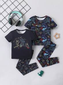 SHEIN 4pcs Young Boy Set Comfortable Gaming Themed Graphic Print Stretchy Soft Snug Fit Pajama Set, Suitable For Any Occasion, Spring/Summer S Sets For Kids Boys Little Game - Multicolor - View 3