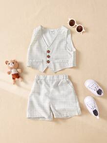 SHEIN 2pcs/Set Toddler Boys' Summer Blue Plaid Button Decor Fake Pocket Vest And Plaid Shorts, Casual Outfit