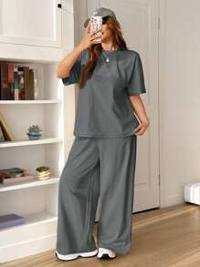 Solflare 2pcs/Set Plus Size Women's Apricot & Black Short Sleeve Top And Pants Two Pieces Set, Multi-Color, Spring Summer Clothes - Dark Grey - View 3