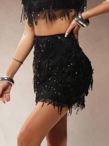 Hauture Sequin Fringe High Waist Mini Skirt Festival, Cowgirl For Women, Club Women Sexy, Concert Women, Festival For Women, Country Concert, Nashville, Sequin - Black - View 4
