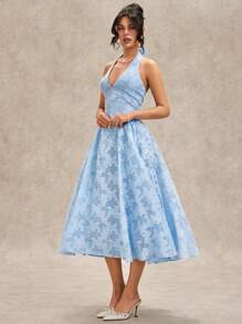 SHEIN BAE 夏季浅蓝色海滩度假浪漫约会甜美深 V 领细肩带纹理提花连衣裙，适合情人节、派对、约会、伴娘、舞会、日常穿着、蓝色连衣裙、生日迷你连衣裙 - 淺藍色 - 查看 7