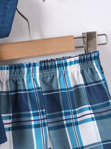 SHEIN 2pcs/Set Young Boy Casual Solid Color Button-Up Short Sleeve Shirt And Plaid All-Over Print Shorts Outfit, Suitable For Summer Casual, Party, Daily Wear, School, Travel, Getaway, Holiday, Relaxation, Sunbathing - Blue - View 7