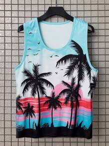 Manfinity RSRT Men's Casual Vacation And Daily Outings, Featuring A Hawaiian Beach Coconut Tree Casual Vacation Tank Top. Made From Skin-Friendly And Breathable Fabric, This Tank Top Is Perfect For Hawaiian Beach Vacations. It Is Great For Couples And Makes An Excellent Gift Idea For Boyfriends Or Husbands. Men's Beach Palm Tree Print Loose Fit Sleeveless Tank Top, Casual Vacation - Multicolor - View 3