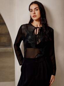 SHEIN Privé 女士系带领长袖优雅知性刺绣网眼衬衫 - 黑色 - 查看 7