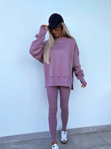 INAWLY Bộ 2 món/Bộ đồ nữ cổ tròn trễ vai tay dài áo nỉ và quần âu thường ngày - Màu tím - Xem 4