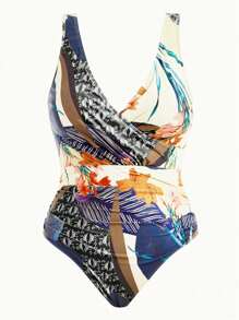 Swim Oasis 2pcs/Set Plus Size Plant Printed One-Piece Swimsuit With Cover-Up And Sarong Skirt - Black and White - View 5