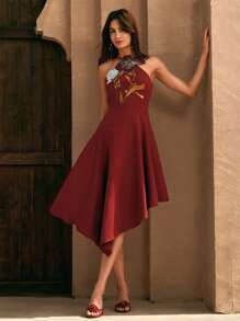 Anewsta Váy midi thêu thanh lịch không đối xứng cho nữ, trang phục mùa hè cho phụ nữ, ngày lễ tình nhân, váy suông cho đêm hẹn hò, thanh lịch, kỳ nghỉ, ngày lễ - Đỏ - Xem 7