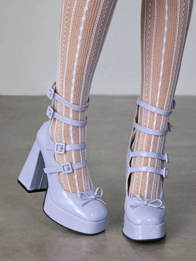 ROMWE Avant Women's Mesh Frill Splice Round Toe High Heel Punk Black PU Leather Pumps, Dark Goth Style For Casual & Campus Wear