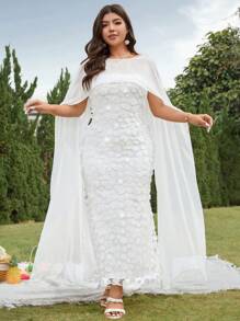 SHEIN Belle Abito da donna taglie forti in 2 pezzi, con jacquard, senza spalline, con scialle, elegante per matrimoni primaverili e feste